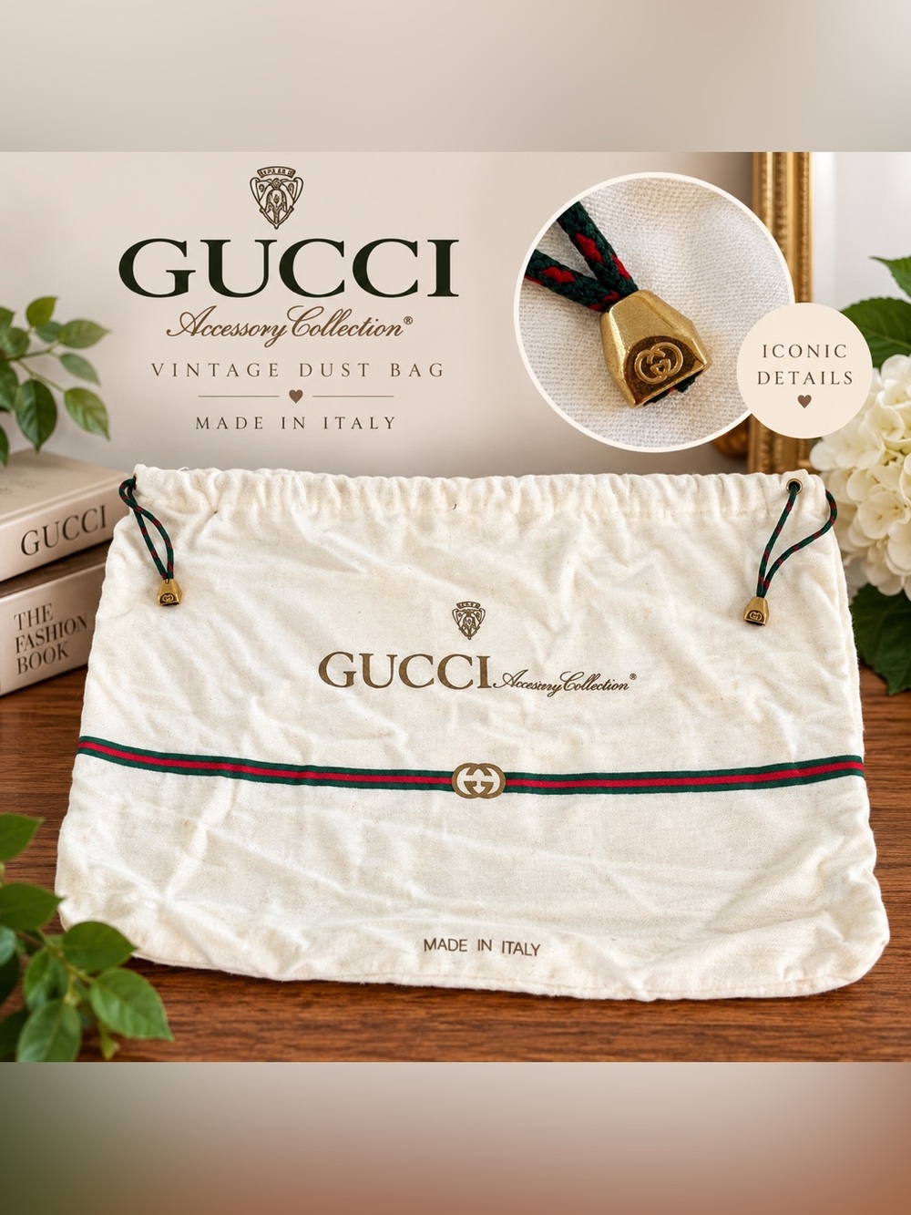 Vintage Gucci Cream Dust Bag with Green and Red Web Stripe